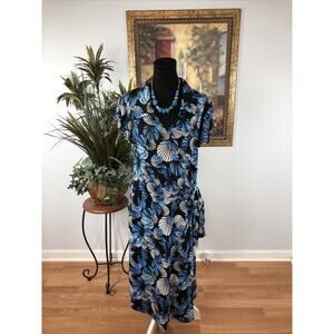 Snap Women 2X Surplice V-Neck Collared Maxi Dress Blue Black Ethnic Print Wrap